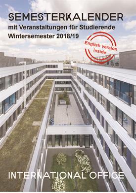 The view from the top of a Building down into the court. Below green plants, on the sides there are silver facade and many Windows, above a blue sky. There is the Headline "Semester calender" and a stamp which says "English Version inside"